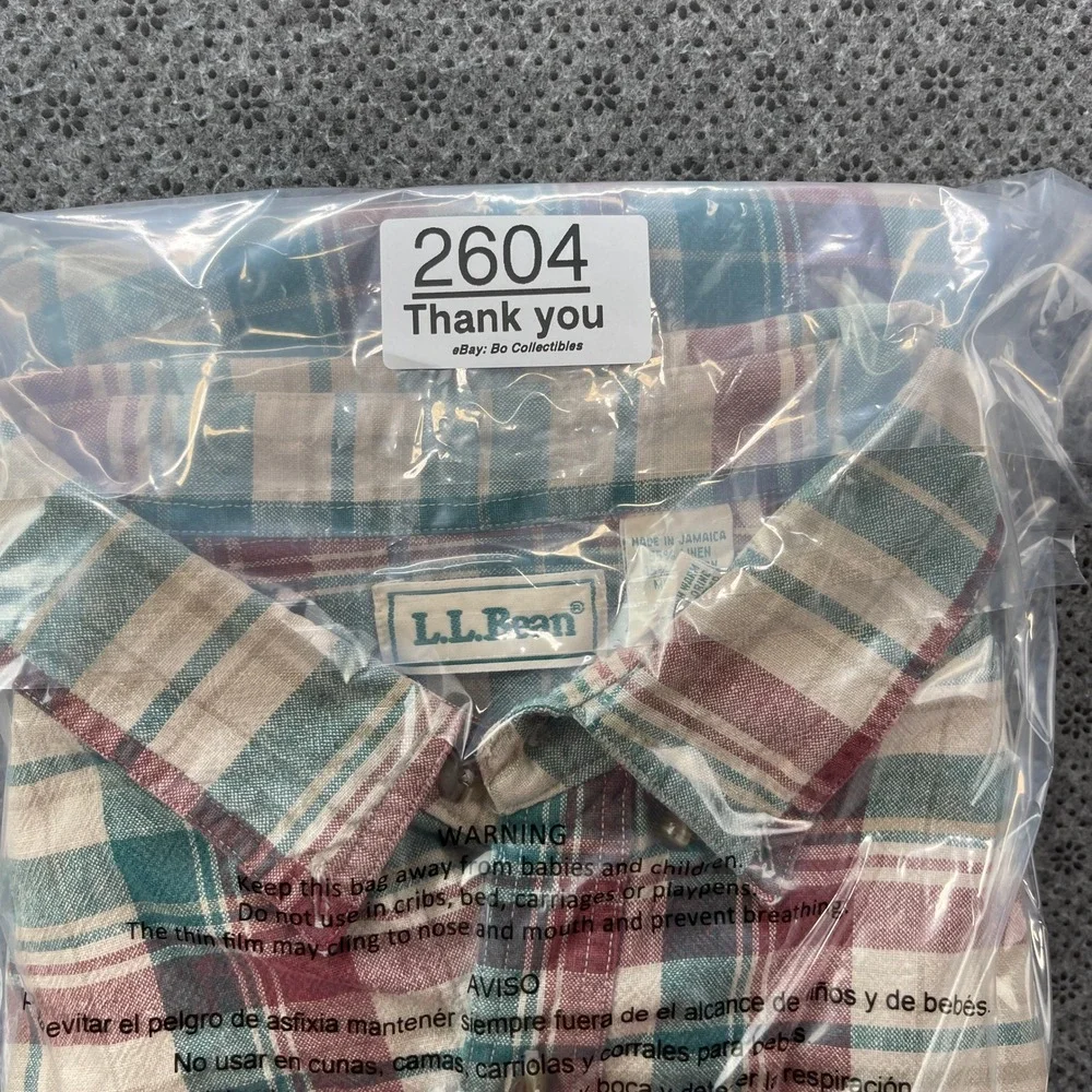 Vintage LL Bean Mens XL Linen Cotton Plaid Shirt Teal Burgundy Long Sleeve